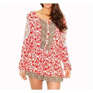 Free People Women’s Small Resort Gardenia Red White Boho Tropical Beachy Romper